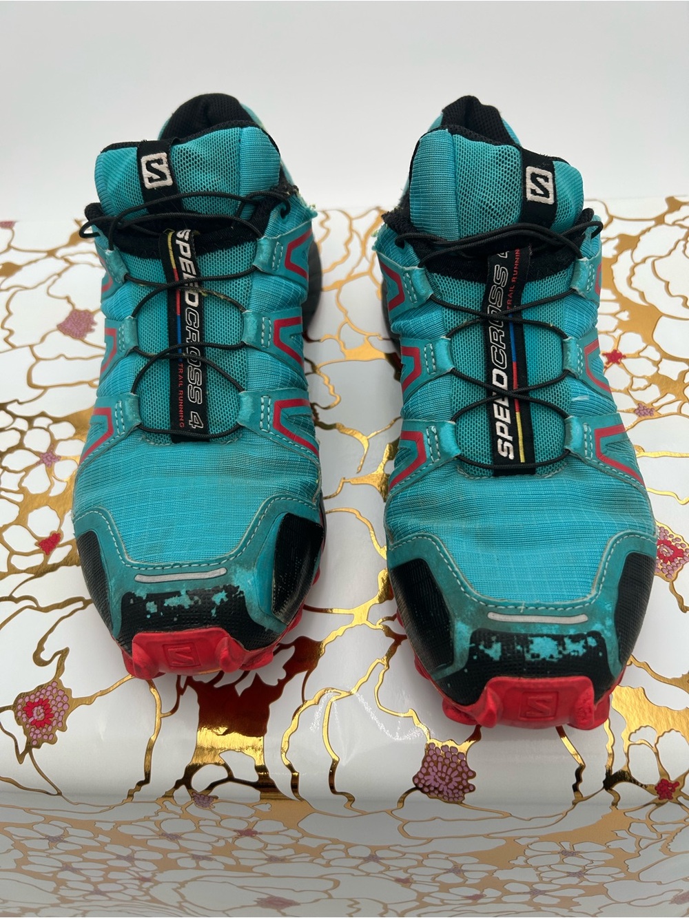 Salomon Men's Trail Shoes size 8- Teal with Red Accents